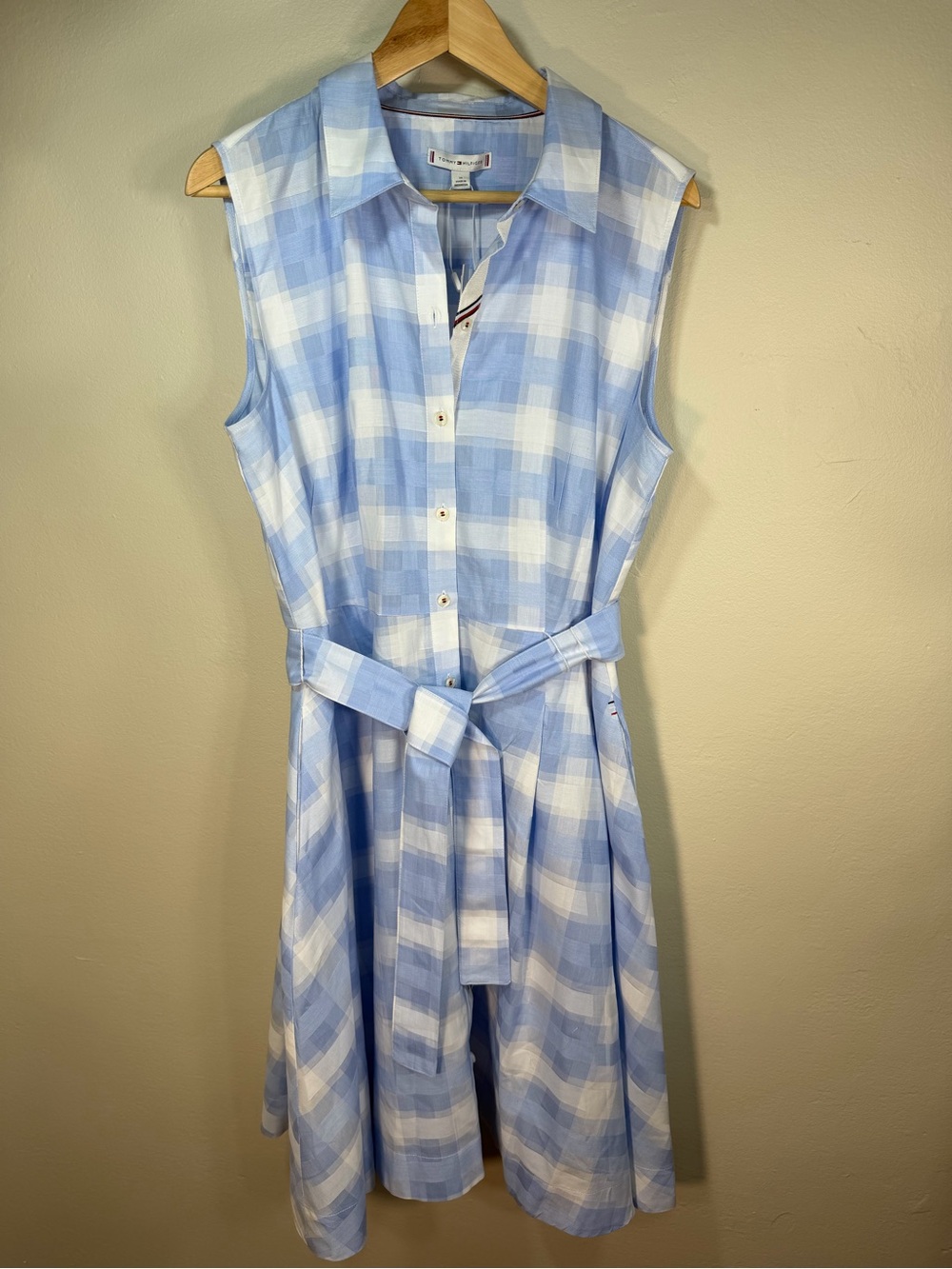 Tommy Hilfiger Light Blue & White Plaid Sleeveless Midi Dress with Tie Belt